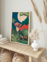 Botanical wall art print of an exotic red flower and green leaves under a large cream moon in a deep blue night sky. - Image 3