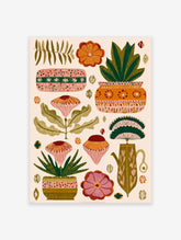 Botanical wall art print featuring folk art illustration of stylized flowers, potted plants, and leaves in earthy tones.