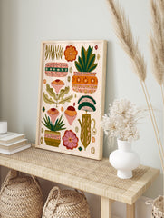 Botanical wall art print featuring folk art illustration of stylized flowers, potted plants, and leaves in earthy tones. - Image 3