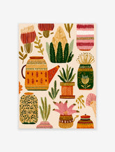 Folk art botanical wall art featuring various stylized plants, flowers, and decorative pots in warm multi-colors.