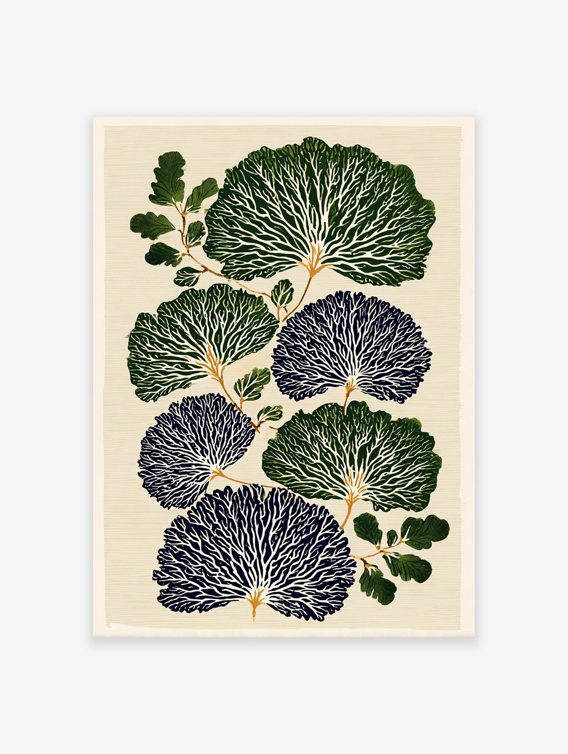 Botanical wall art print with stylized dark green and blue fan-like leaves, white veins, and green branches on a cream background.