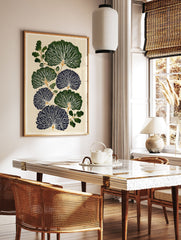 Botanical wall art print with stylized dark green and blue fan-like leaves, white veins, and green branches on a cream background. - Image 2