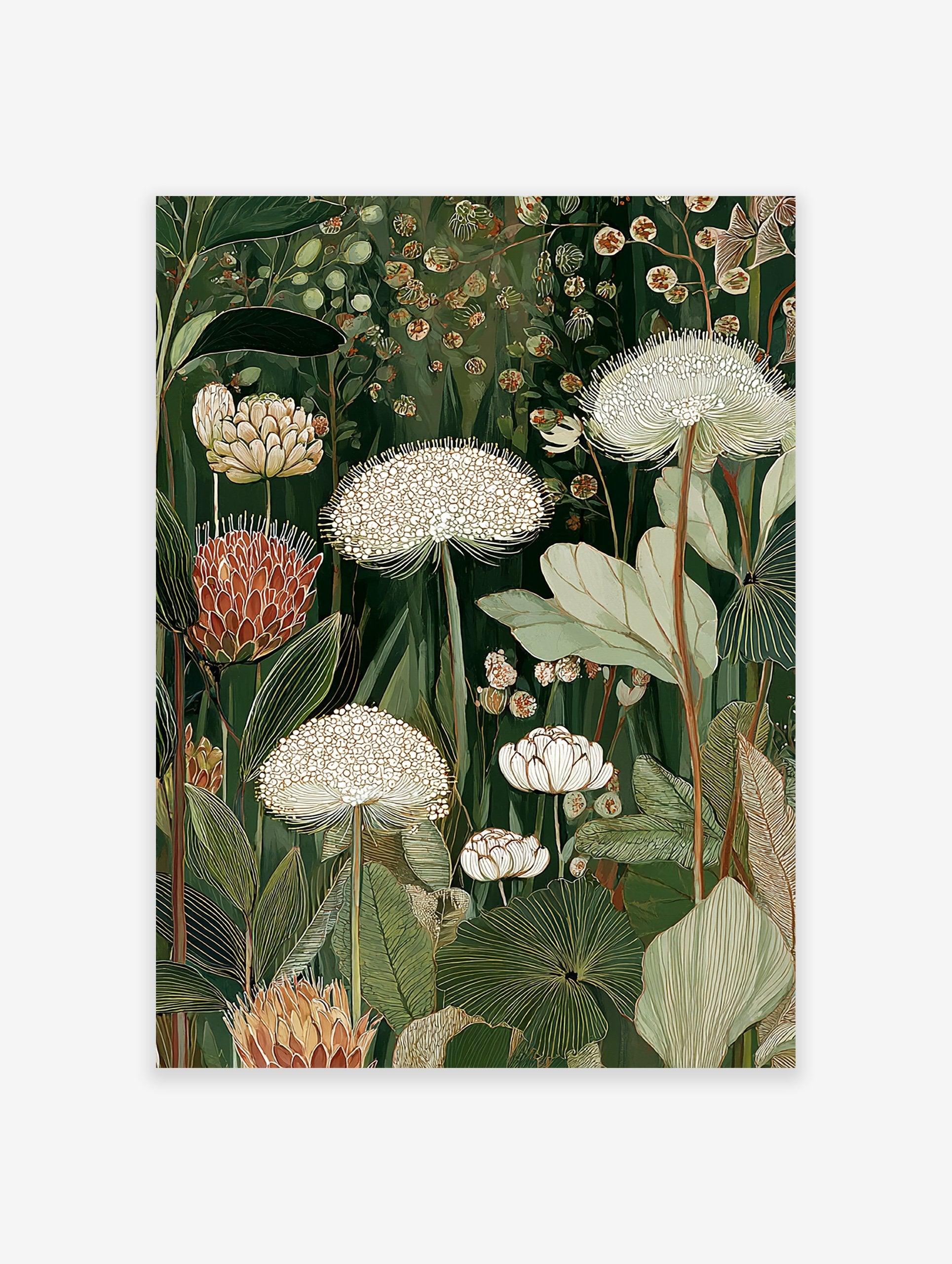 Lush botanical wall art illustration with white and reddish-brown flowers and green leaves on a dark green background.