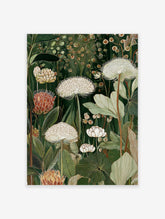 Lush botanical wall art illustration with white and reddish-brown flowers and green leaves on a dark green background.