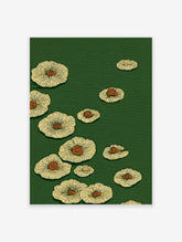 Green and yellow botanical wall art print featuring stylized mushroom or lily pad illustrations with orange spirals.
