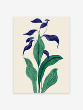 Modern botanical art print with green and deep blue broad leaves on a light cream background, in an illustrative style.
