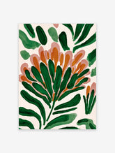 Abstract botanical wall art with green leaves, orange and pink floral shapes on a cream background.