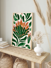 Abstract botanical wall art with green leaves, orange and pink floral shapes on a cream background. - Image 3