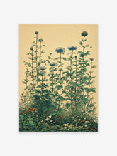 Vintage botanical wall art illustration of tall green plants, blue flowers, and small white & orange blossoms on a light background.