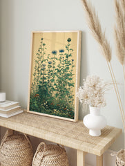 Vintage botanical wall art illustration of tall green plants, blue flowers, and small white & orange blossoms on a light background. - Image 3