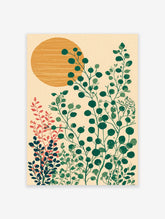 Modern botanical wall art print featuring green leafy plants and an orange sun on a textured beige background.