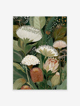 Botanical wall art print with detailed illustrative green leaves, white flowers, and brown seed pods on a dark background.