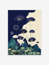 Indigo blue botanical wall art featuring stylized fan-like flowers, green mountains, and water plants in a Japanese style.