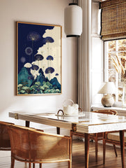 Indigo blue botanical wall art featuring stylized fan-like flowers, green mountains, and water plants in a Japanese style. - Image 2