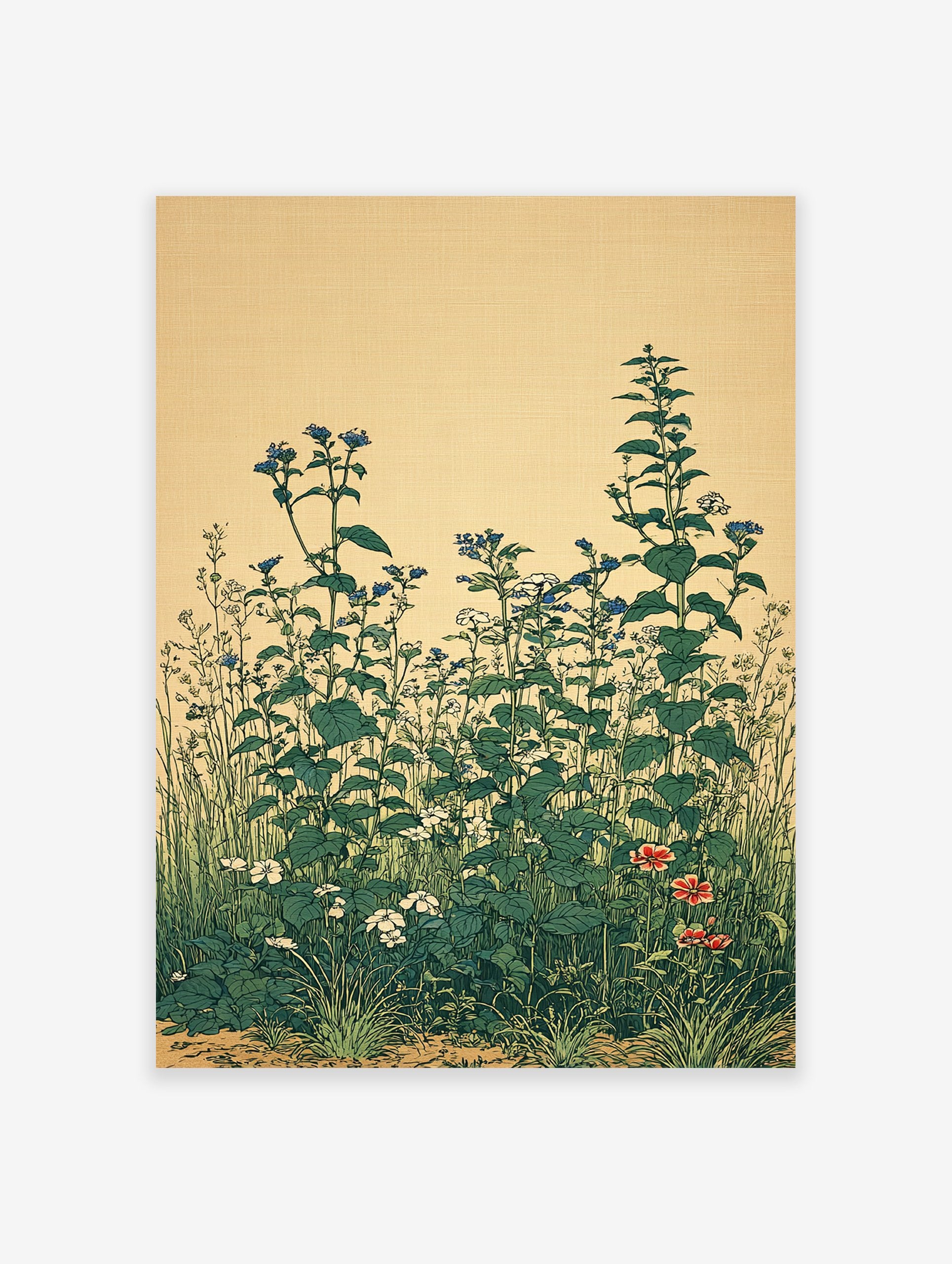 Botanical wall art print of a Japanese wildflower garden with green leaves, blue, white, and red flowers on a beige background.