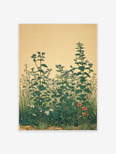 Botanical wall art print of a Japanese wildflower garden with green leaves, blue, white, and red flowers on a beige background.