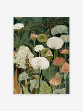 Detailed botanical wall art print with white and reddish-orange flowers and green leaves on a dark green background.