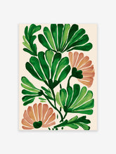 Modern botanical wall art with stylized green leaves and peach flowers on a light cream background.