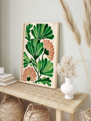 Modern botanical wall art with stylized green leaves and peach flowers on a light cream background. - Image 3
