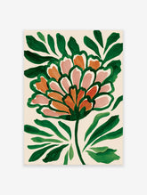 Modern botanical wall art print of a stylized green, orange, and pink flower on a light background