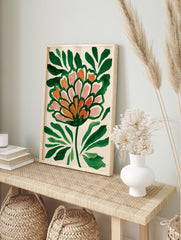 Modern botanical wall art print of a stylized green, orange, and pink flower on a light background - Image 3