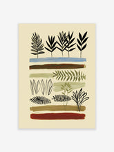 Botanical wall art print with black leaf silhouettes, green fern, and painted colour bands on cream background