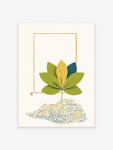 Modern botanical wall art print featuring a paper craft flower with green, yellow, and blue leaves, framed by a gold outline.