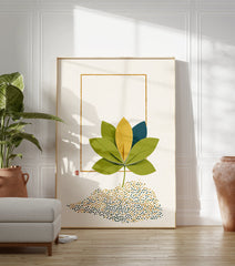 Modern botanical wall art print featuring a paper craft flower with green, yellow, and blue leaves, framed by a gold outline. - Image 3