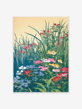 Vibrant botanical wall art print depicting a multi-color flower garden with tall green grasses and various blossoms.