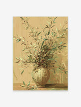 Botanical wall art painting of olive branches with small berries in a ribbed vase on a wooden surface against a textured wall.