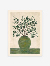 Stylized olive tree in a green striped vase botanical wall art print with spiraled fruits on a textured cream background.