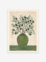 Stylized olive tree in a green striped vase botanical wall art print with spiraled fruits on a textured cream background.