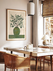 Stylized olive tree in a green striped vase botanical wall art print with spiraled fruits on a textured cream background. - Image 3