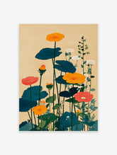 Vibrant botanical wall art painting featuring orange and red flowers with large dark teal leaves on a beige background.
