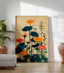 Vibrant botanical wall art painting featuring orange and red flowers with large dark teal leaves on a beige background. - Image 3