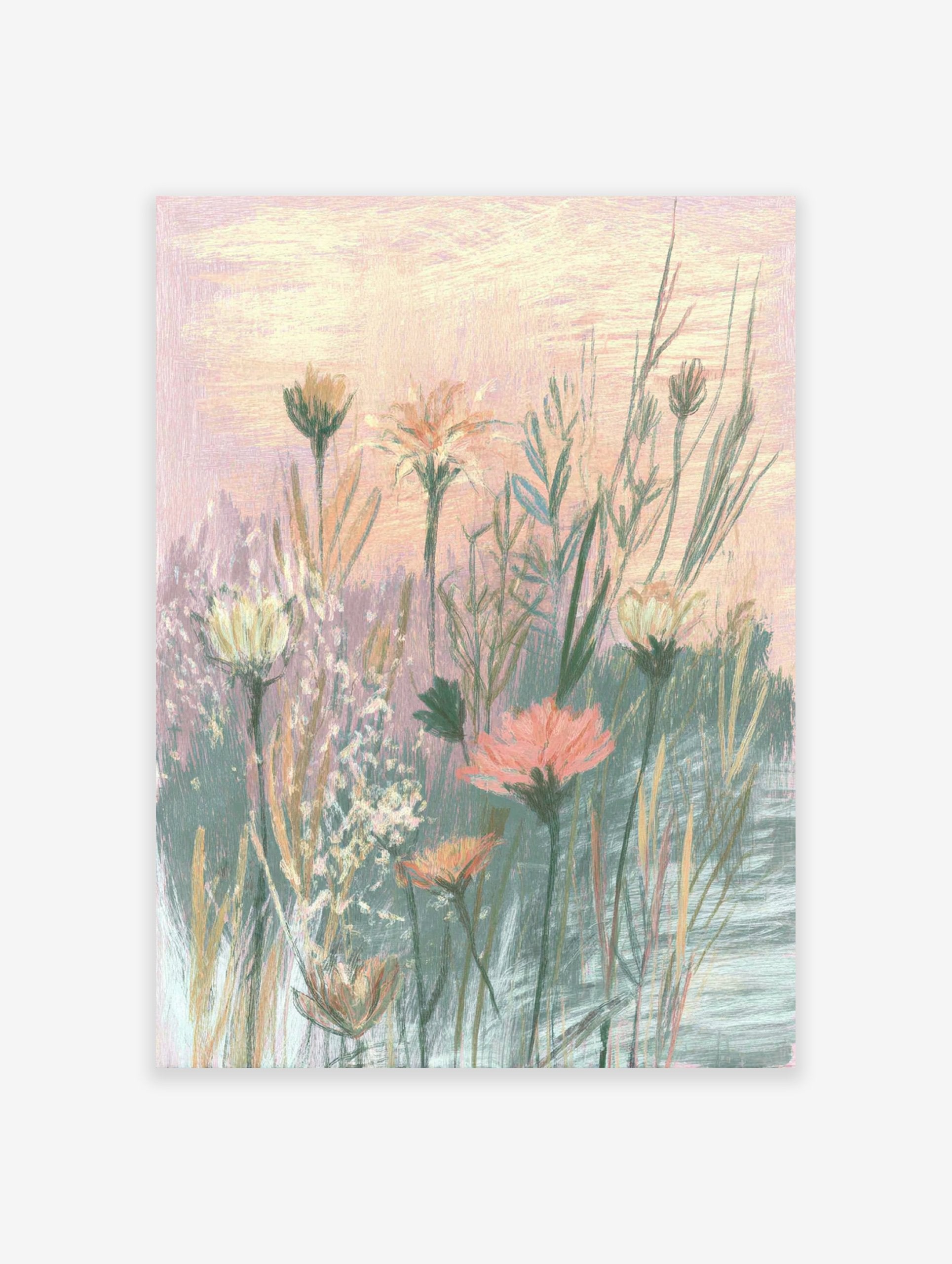 Pastel botanical wall art painting of wildflowers in a field with pink sky and green foliage, impressionist style.