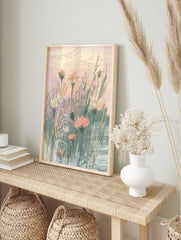 Pastel botanical wall art painting of wildflowers in a field with pink sky and green foliage, impressionist style. - Image 3