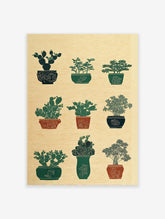 Botanical wall art print featuring nine distinct potted plants, including cacti and leafy greens, in an illustrative style.