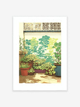 Botanical wall art illustration of potted plants and vibrant greenery on a sunlit patio with a decorative wall screen.