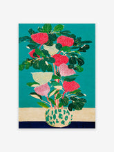 Illustrative botanical wall art print of red and cream flowers in a patterned vase against a teal background.