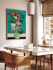 Illustrative botanical wall art print of red and cream flowers in a patterned vase against a teal background. - Image 2
