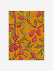 Vibrant botanical wall art print with red textured fruits, yellow leaves, and brown branches on an orange background.
