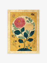 Traditional botanical wall art with large red and yellow flowers, green leaves, on a golden patterned background.