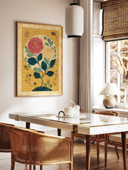 Traditional botanical wall art with large red and yellow flowers, green leaves, on a golden patterned background. - Image 2