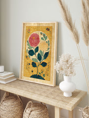 Traditional botanical wall art with large red and yellow flowers, green leaves, on a golden patterned background. - Image 3