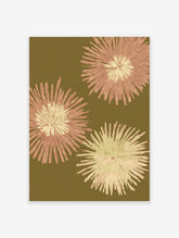 Botanical wall art with three textured rose gold and pale green floral prints on an olive green background.