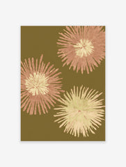 Botanical wall art with three textured rose gold and pale green floral prints on an olive green background.