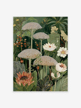 Lush botanical wall art illustration with green tropical leaves, white flowers, unique dotted plants, and a prominent protea.