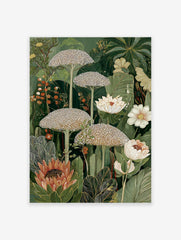 Lush botanical wall art illustration with green tropical leaves, white flowers, unique dotted plants, and a prominent protea.