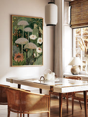 Lush botanical wall art illustration with green tropical leaves, white flowers, unique dotted plants, and a prominent protea. - Image 2